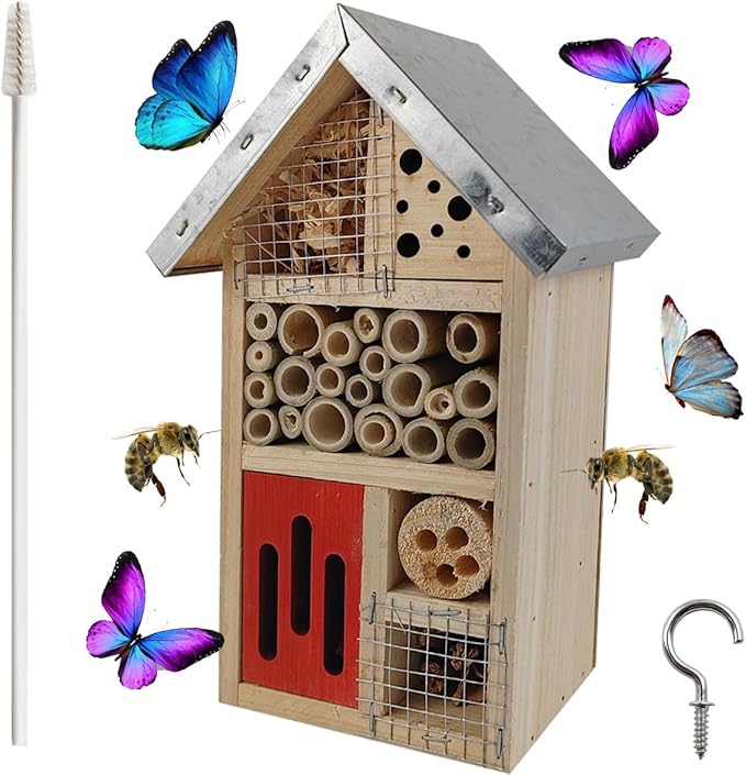 TIHOOD Natural Wooden Hanging Bee House for Gardens Natural Wooden Butterfly Hotel for Bee, Butterfly, Ladybirds, Habitat, Bee Hotel Garden