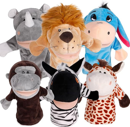 6Pcs Hand Puppets for Toddlers - Stuffed Animal Puppets for Kids, Including Lion, Zebra, Gorilla, Giraffe, Rhino and Donkey for Puppet Show Theater, Stocking Stuffers for Kids