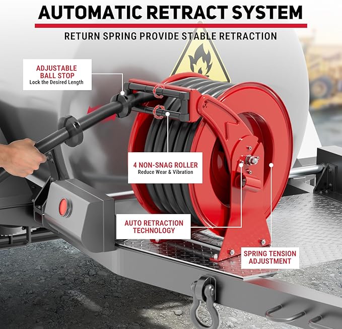 Retractable Diesel Fuel Hose Reel - 1 inch x 33ft Spring Driven Auto Swivel Rewind Hose Holder Reel with Fueling Nozzle, 300 PSI Industrial Steel for Aircraft Ship Vehicle Tank Truck, Red