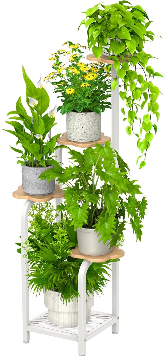 TOSKING 5 Tier Plant Stand Indoor 48''H Tall ,Heavy Duty Plant Shelf , Corner Shelf Flower Pot Stand for Outdoor Plant Stand for Living Room Balcony Garden Patio Bedroom (White and Wood)