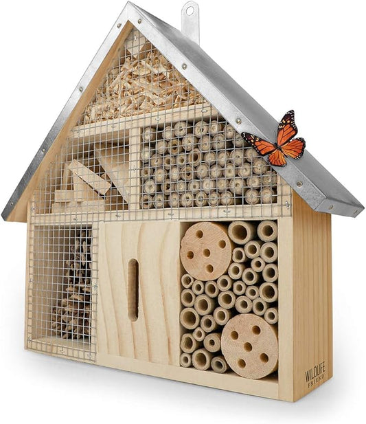 Insect Hotel - Pollinator House and Bug Condo for a Snug Home Outdoors - Garden Habitat for Bees, Ladybugs, and Butterflies - Natural Wood and Metal Construction - 10 x 3X 11 inches