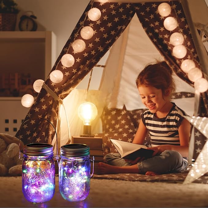 Solar Mason Jar Lights [Upgraded], 12 Pack 30 LED Firefly Fairy String Lights, Waterproof Outdoor Solar Mason Jar Lid Lights with Hangers(NO JARS) for Patio Garden Yard Wedding Decoration - Multicolor