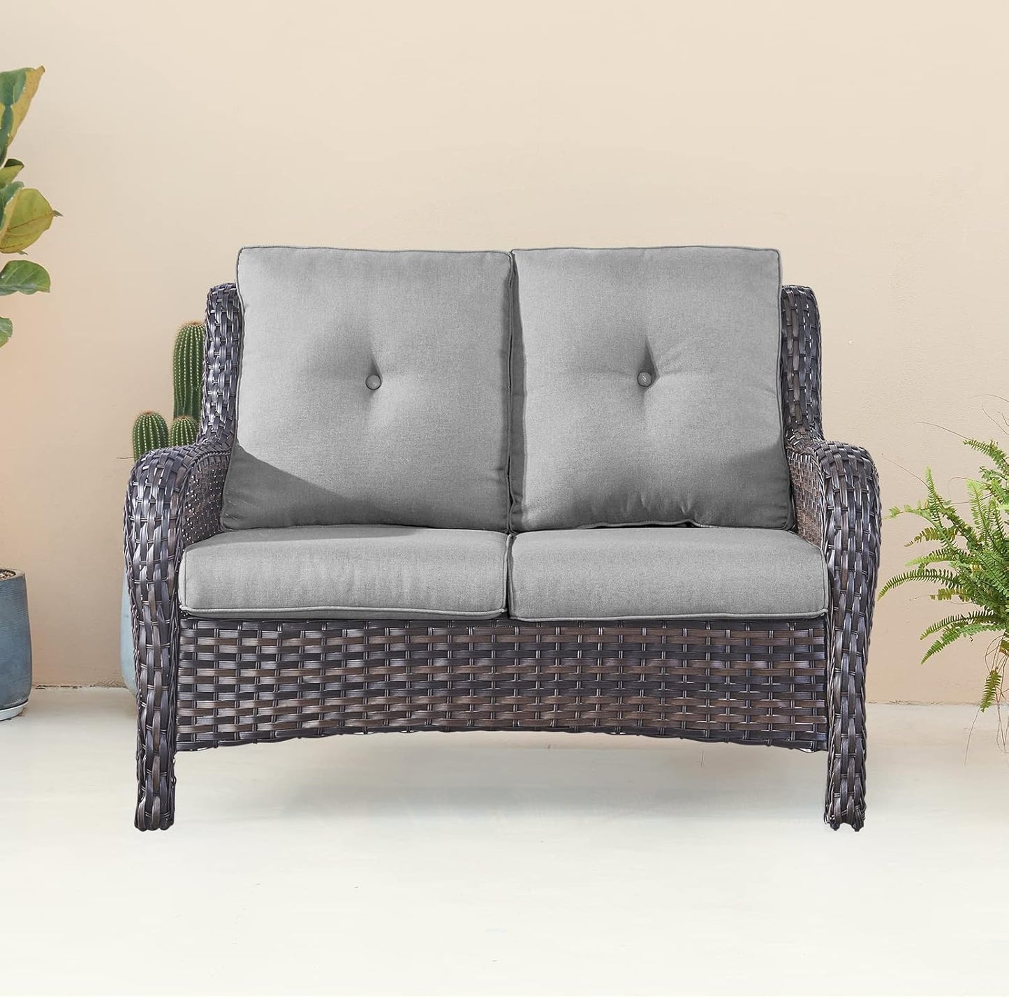 Outdoor Loveseat Small Patio Furniture 2 Seater Sofa Brown Wicker Couch Rattan Settee for Single-Family House