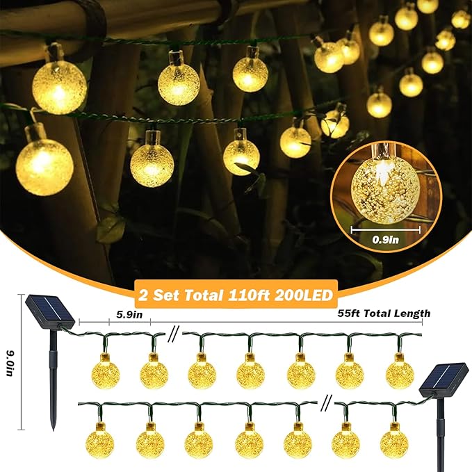 Solar Lights Outdoor Waterproof, 2 Pack Total 200LED 110FT Solar String Lights for Outside w/ 8 Modes, Outdoor String Lights Crystal Globe Patio Lights for Garden Yard Party Decor(Warm White)