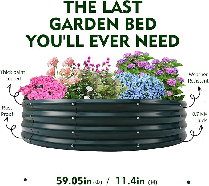 Galvanized Raised Garden Bed for Gardening - 5x5x1ft Large Thickened Metal Planter Box Outdoor for Vegetables, Flowers,Herbs,Above Ground Garden Containers Round,Green