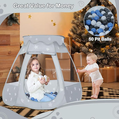 Baby Ball Pit for Toddler with 50 Balls, Kids Pop Up Play Tent for Girls, Princess Toys Gifts for Children Indoor & Outdoor Playhouse (Gray: Gray/White/Babyblue, 109x90cm/50 Balls)