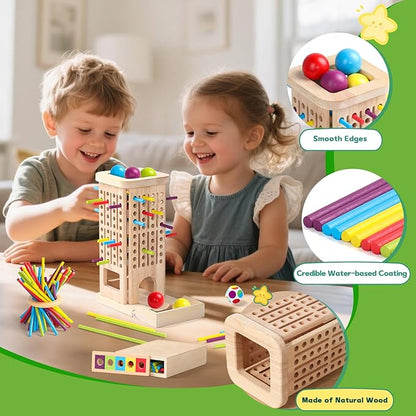 Montessori Toys for 3 Year Old Fine Motor Skills Toys for 5 Year Old Wooden Board Game - Educational Toys with Colorful Sticks, Dice & Stones, Family Game Gifts for Age 4 5 6 7 8 Boys Girls