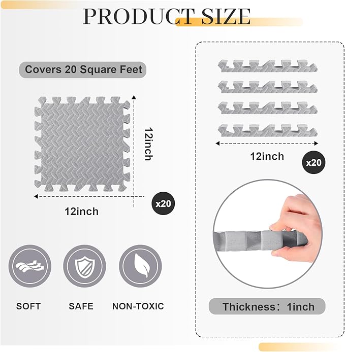 20 Tiles 12x12x1 Inch EVA Thick Interlocking Foam Floor Tiles Puzzle Exercise Mat Foam Mats for Pets Boys Girls Classroom Nursery Gym(Grey)