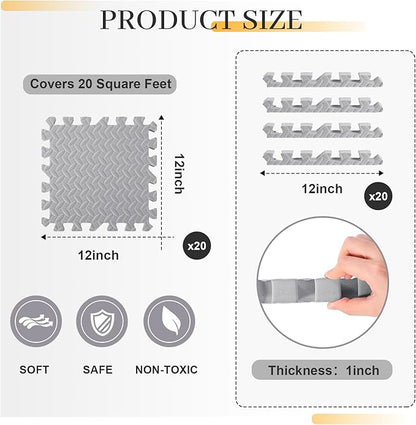 20 Tiles 12x12x1 Inch EVA Thick Interlocking Foam Floor Tiles Puzzle Exercise Mat Foam Mats for Pets Boys Girls Classroom Nursery Gym(Grey)