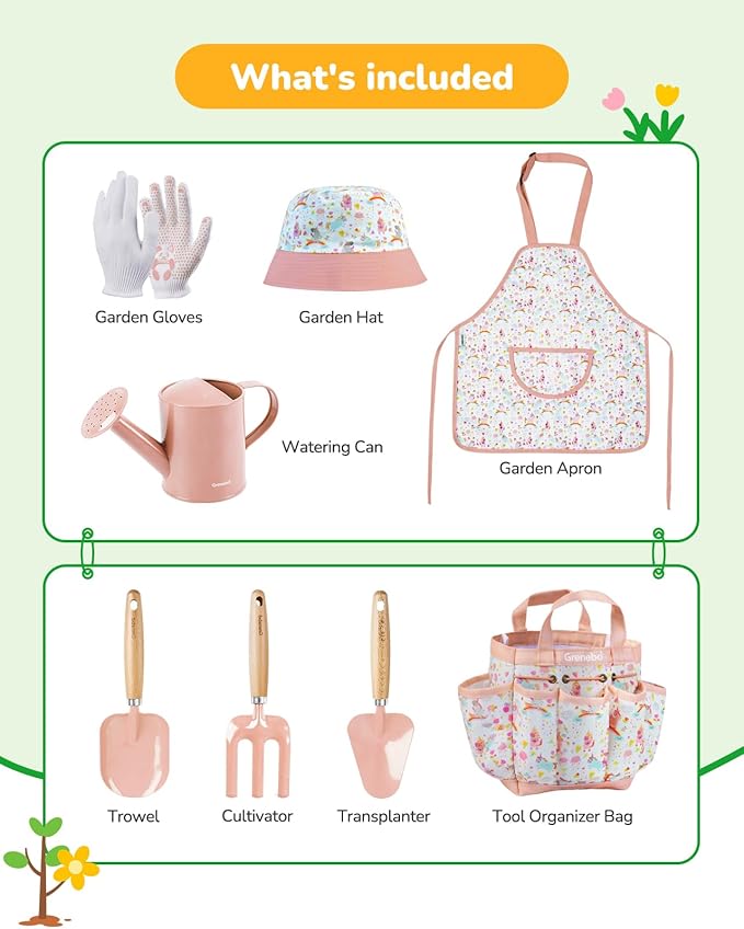 Kids Gardening Set Toys, Quality Garden Tool Kit for Kids and Toddlers, Includes Two Shovels, Garden hat,Rake, Apron,Gloves, Watering Can, and Tool Bag (Pink)