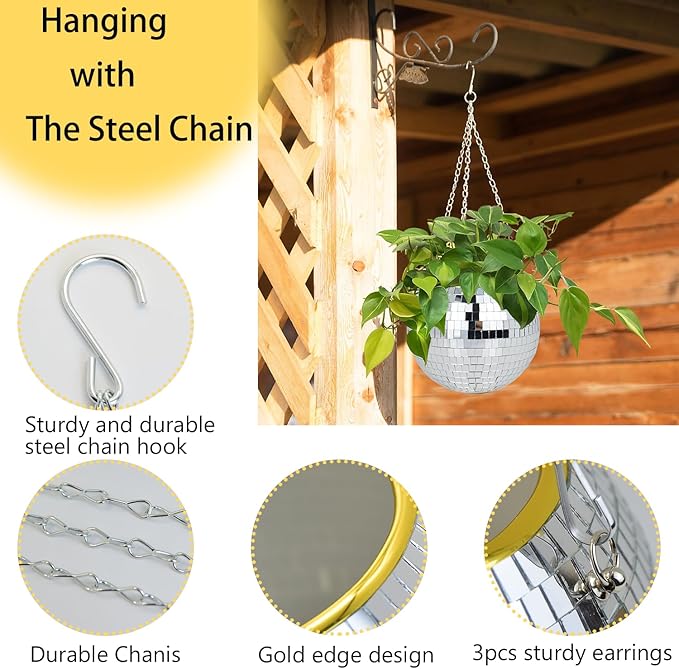 Disco Ball Planter, 6" Disco Planter with Hanging Chain & Hook & Ring Stand, Disco Ball Plant Hangers for Indoor and Outdoor Plants, Hanging Plant Holder(Silver, 1 Pack 6")