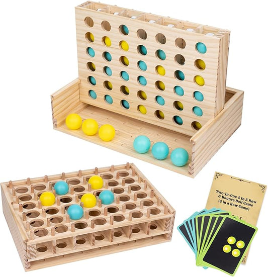 Wooden 4 in a Row & Bounce Ball Games,Two-in-One Four in a Row Game and Bounce Ball Party Game, Bounce Off Game for Friends and Family
