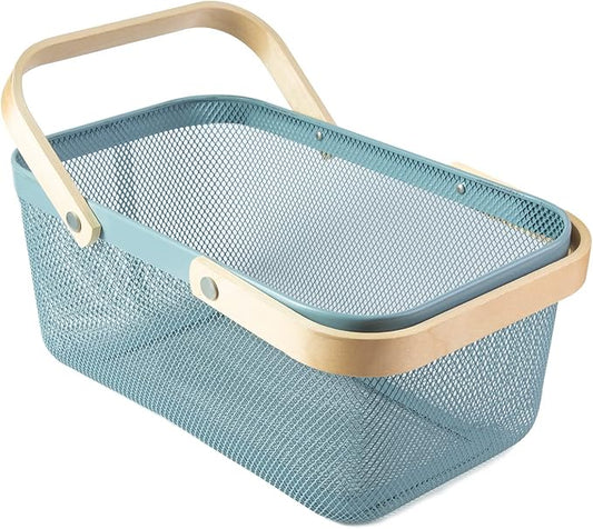 Portable Garden Harvest Basket-Mesh Design Natural Bamboo Handle Wire Storage Baskets,Mesh Basket with Handle Organize Items Reduce Space Occupation,Suitable for Kitchen,Garden,Picnic(Blue)