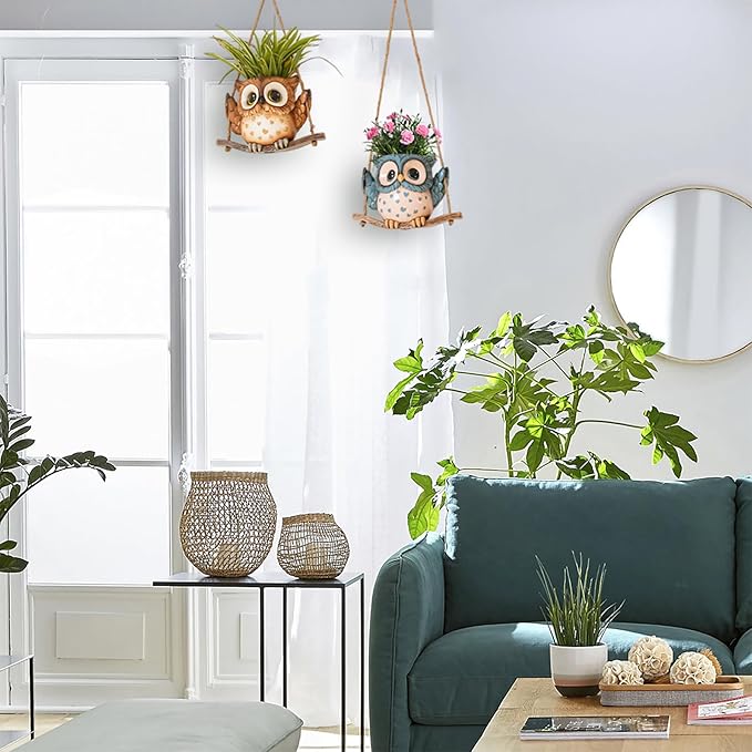 Swing Owl Hanging Planters for Indoor Plants, Cute Small Succulent Pots with Drainage Hole, Unique Resin Plant Hangers Outdoor, Hanging Plant Holder for String Of Pearls, Gift Ideas for Mother