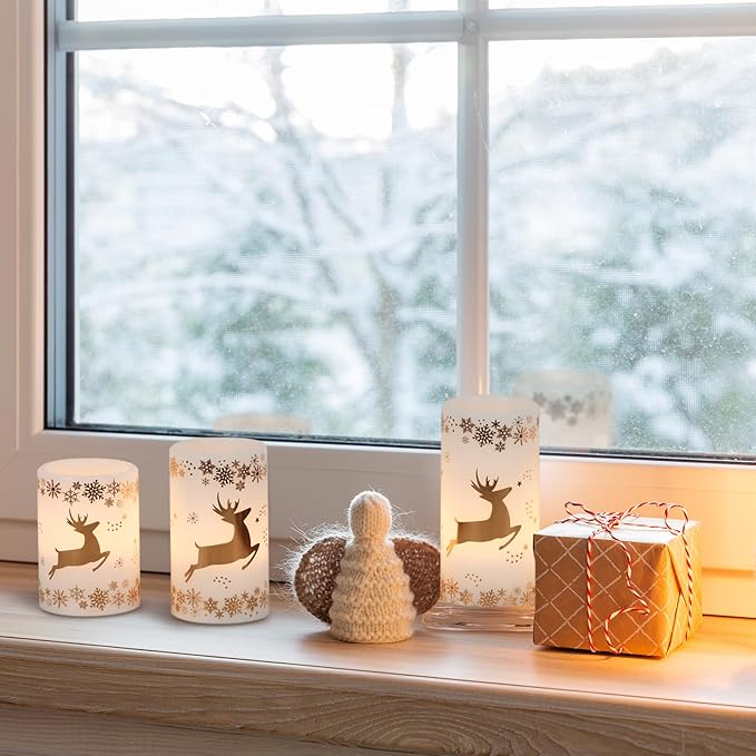 KunSween Christmas Flameless Candles with 6H Timer, 3 Pack LED Flickering Candles with Gold Deer Decals and Real Wax, Christmas Winter Decorations for Home Indoor Table Centerpieces