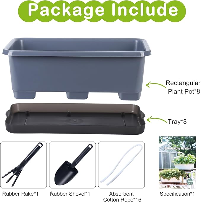 Window Box Planter 8 Pcs, 17 Inches Rectangle Flower Pots with Drainage Holes and Trays, Vegetable Planters for Windowsill Patio Garden Balcony Home Porch Yard Indoor Outdoor (Grey)