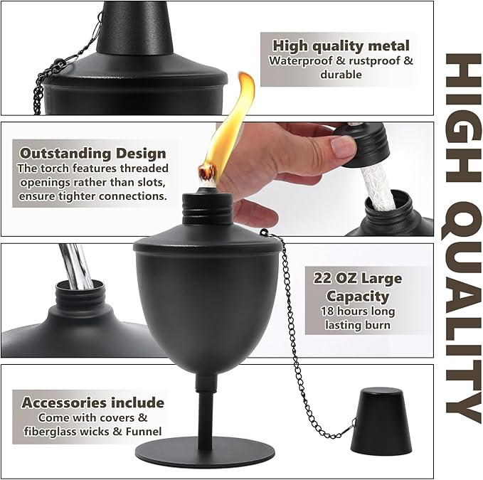 6 Pack Upgraded Tabletop Torches,14 oz Citronella Torches for Outside, Refillable Outdoor Flame Torch Light, Comes with Wicks,Covers and Funnel, Ideal for Parties, Garden Decor, DIY