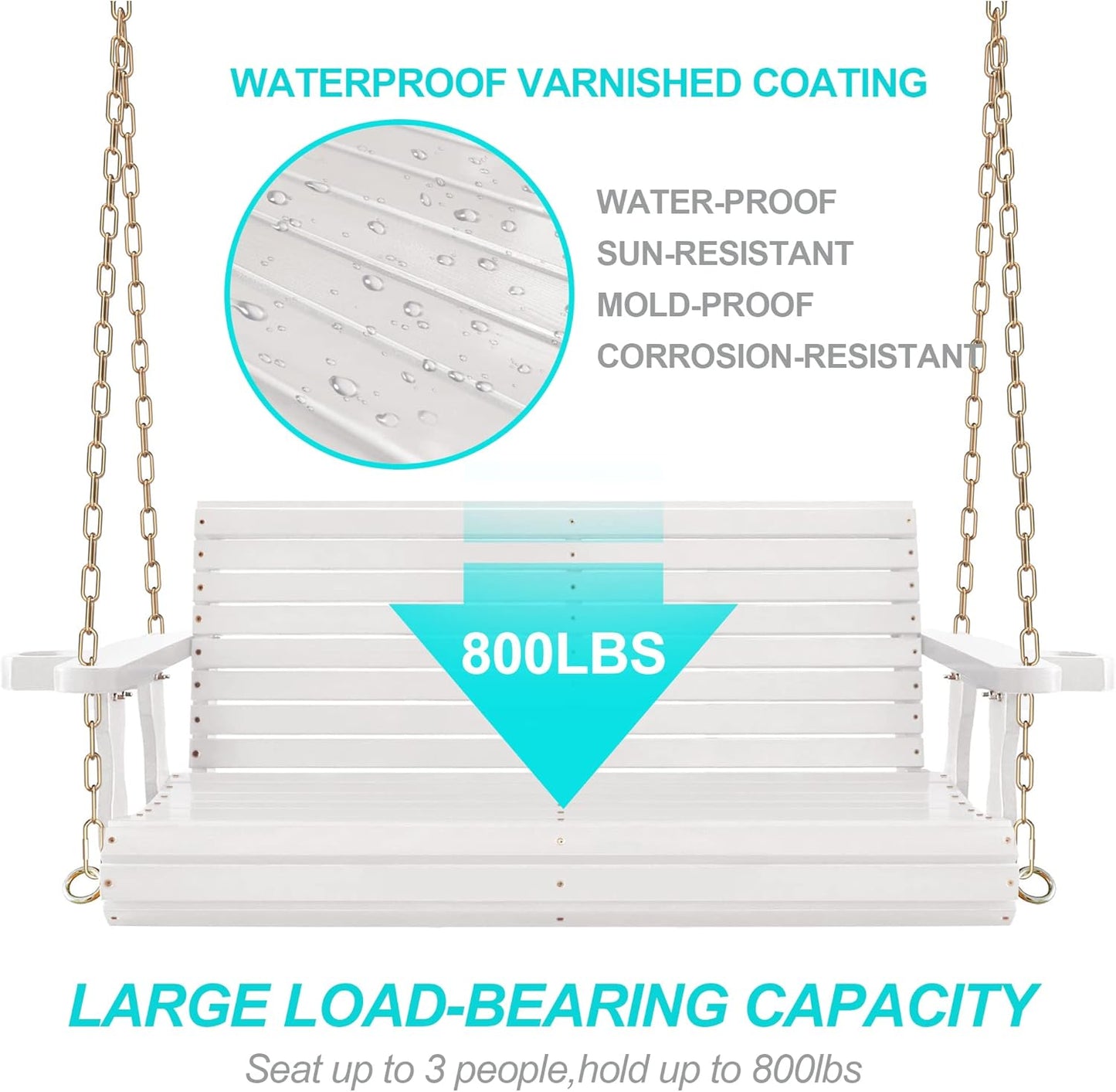 4FT Wooden Porch Swing w/Cupholders,Heavy Duty 800LBS Outdoor Swing Bench w/Chains,Patio Roll Back Swing Chair Bench,Front Porch 2-Person Hanging Bench,for Garden Courtyard Lawn & Balcony