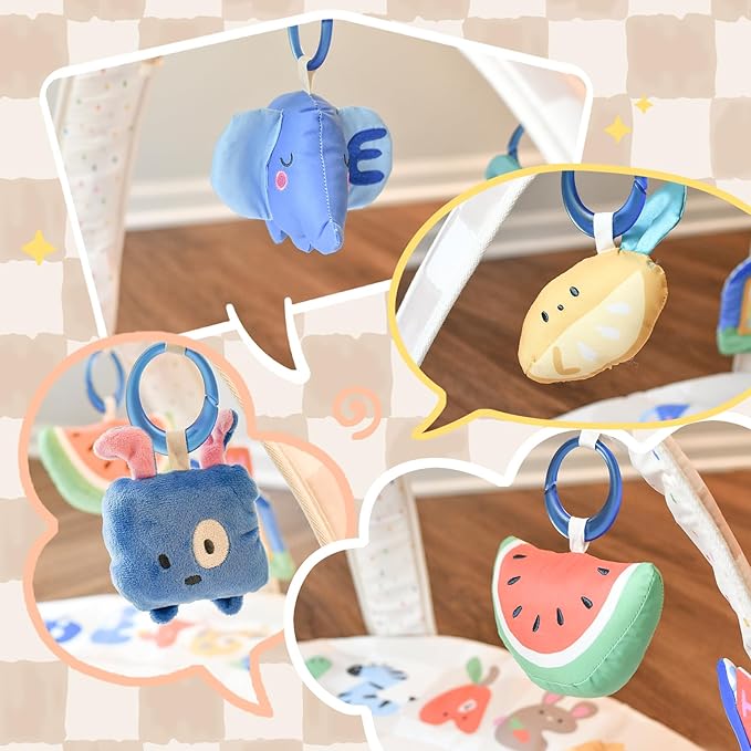 Baby Play Gym & Activity Mat with Light-up Musical Arch, Tummy Time Mat with 6 Detachable Sensory Toys for Motor Skills & Sensory Development, Baby Essentials Shower Gift - ABC123