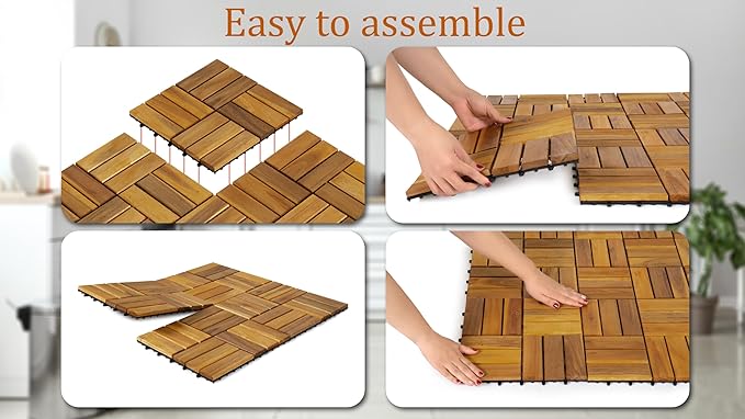 Pack of 10 Deck Tiles - 12"x12" Interlocking Natural Solid Acacia Wood for Outdoor & Indoor, Patio Garden, Balcony, Poolside - Natural Color