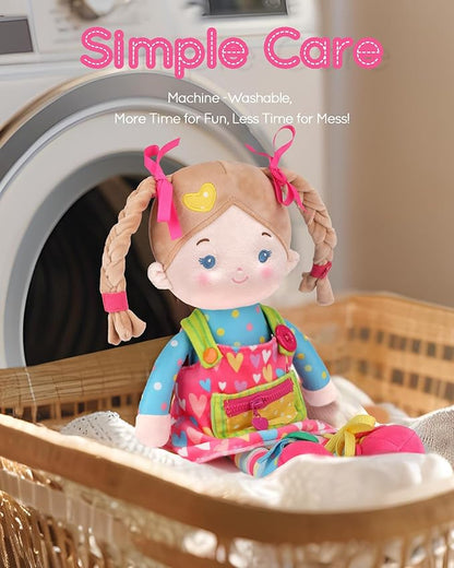 LeyaDoll Educational Soft Baby Doll(16''), Learning Sensory Doll for Toddlers, Montessori Toys for 2-Year-Old Girls Christmas, Birthday Gifts, Plush Doll with Zipper, Shoelace, Button-Busy Sweetheart