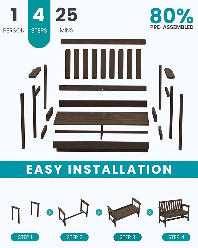 SERWALL Outdoor Bench, HDPE Outdoor Benches Weatherproof, 2-Person Garden Bench with 660 lbs Weight Capacity, Patio Benches for Outdoors, Garden, Porch, Backyard and Park, Coffee, 2 Pack