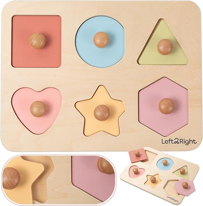 LEFT2RIGHT Wooden Puzzles for Toddlers 2-4 | Montessori Toys for 1-4 Year Olds | Educational Shape Edition Puzzle for Motor Skills & Sensory Learning | Wooden Toddler Puzzles Ages 1-3 Shape Edition