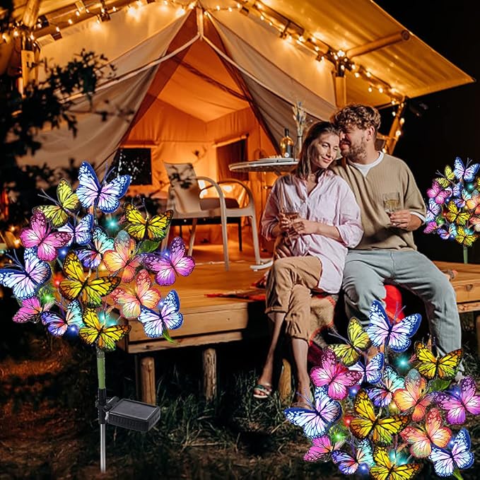 Solar Garden Lights Outdoor Waterproof Decorative Solar Lights Outdoor 2 Pack with 44 LED 34 Butterfly Flower Garden Decor Yard Patio Lawn, Gifts for Mother's Day Mom Women