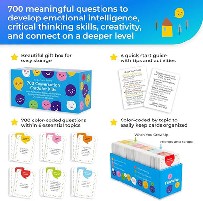 700 Conversation Cards for Kids, Fun Kids Conversation Starter Cards for Kids, Teens, Family Night, Dinner, Play Conversation Games, Color-Coded Across 6 Topics, Take Anywhere