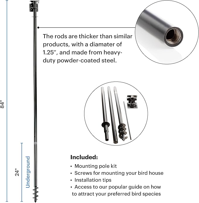 WHITEHORSE Bird House Pole Mount- A Professional Bird Feeder Pole for Outside - Very Sturdy Against Strong Winds - 7’ Tall Bird House Poles for Outdoors - Pole for Bird Feeders - Bluebird House Pole