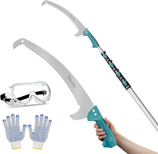 Extendable Tree Trimmer: Manual Pole Saw | 6-24ft Telescoping Pruning Pole for Tree Trimming | Saw Attachment, Safety Goggles, and Gloves Included | Trim Branches up to 2" Diameter