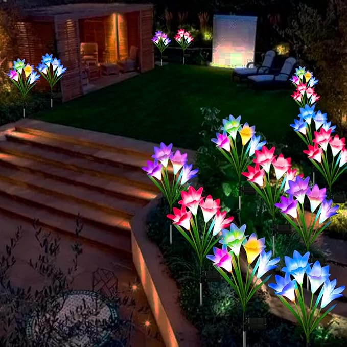 ZYLiWoo-Solar Flower Lights, 6 Pack Outdoor Lily Flower Lights, Multi Color Changing LED 24 Flowers Lily Flower Solar Garden Stakes Flower Lights， for Patio, Lawn, Garden, Yard Decoration