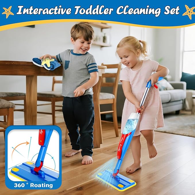 Kids Cleaning Toy Set - Toddler Cleaning Set with Real Working Kids Spray Mop, Microfiber Pads, Cloth & Scraper | Role Play Educational Toys for Boys Girls, Montessori Toddler Toys Gifts
