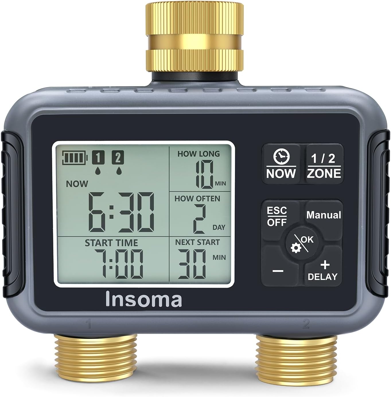 Insoma Water Timer with Brass Inlet & Outlet, 2 Independent Zones Outdoor Hose Timer for Garden Faucet with Auto/Manual/Rain Delay Mode, Sprinkler Irrigation Controller for Yard Lawn