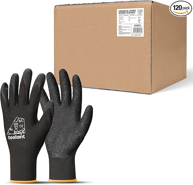 toolant Crinkle Latex Work Gloves Bulk, Rubber Coated Safety Work Gloves for Men and Women, 120 Pairs for Construction, Gardening, Warehouse (Black, Large)