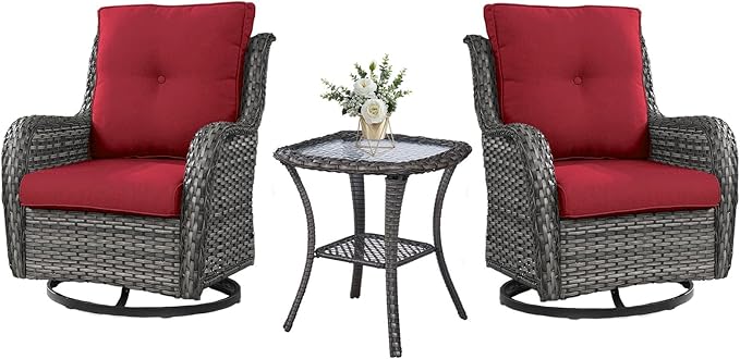 Outdoor Swivel Rocker Wicker Chairs Set of 3, High Back Swivel Patio Chairs Wicker Furniture Set, 2 PCS Rattan Swivel Rocking Chair with Side Table, Red Cushion