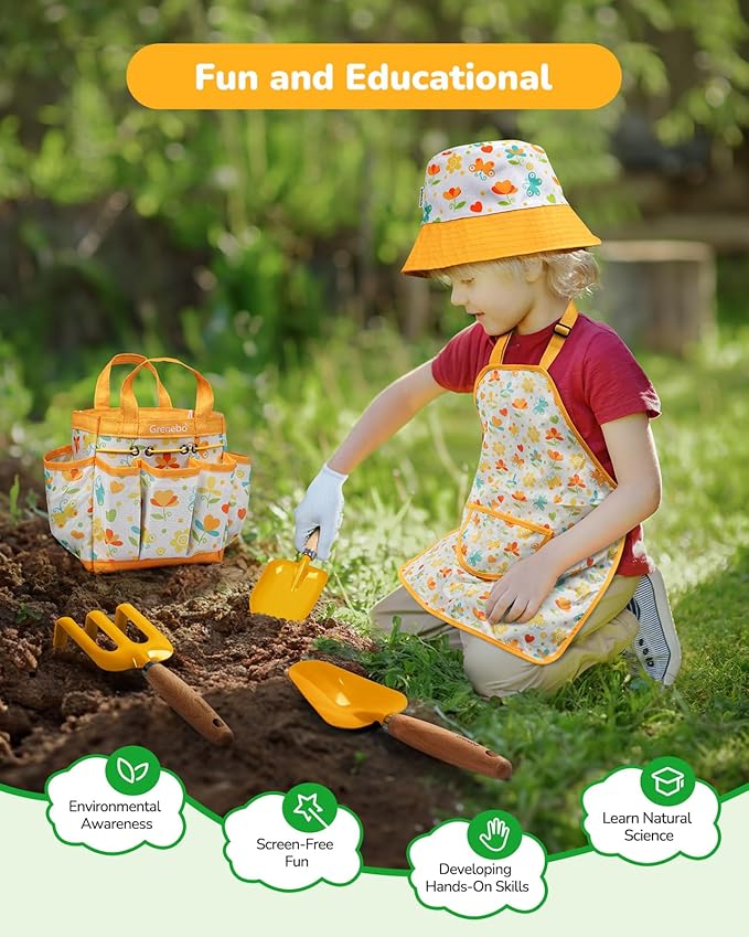 Kids Gardening Set Toys,Includes Metal Trowel,Transplanting Shovel,Garden hat,Rake,Apron,Gloves,Watering Can,and Tool Organizer Bag (Yellow)