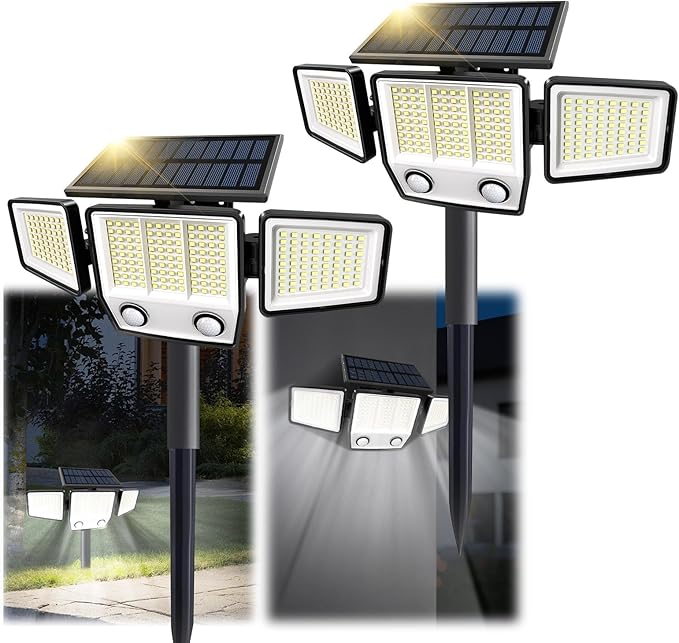 Solar Outdoor Lights with Stakes - Ground /Wall 2-in-1 Dual Use Solar Motion Sensor Waterproof Light, 3000LM 3 Modes 270°Illumination IP65 LED Security Lights Outdoor for Garden Yard Patio, 2 Pack