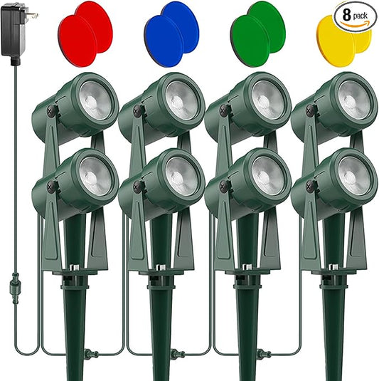 ZYAN 8 Pack Outdoor Landscape Lighting with 8 Colorful Lens and Power Supply, Green Shell