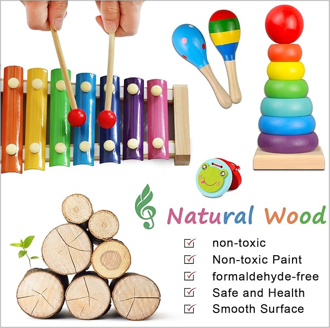 LOOIKOOS Toddler Musical Instruments Set Wooden Percussion Instruments Toy for Kids Baby Preschool Educational Musical Toys for Boys and Girls with Storage Bag