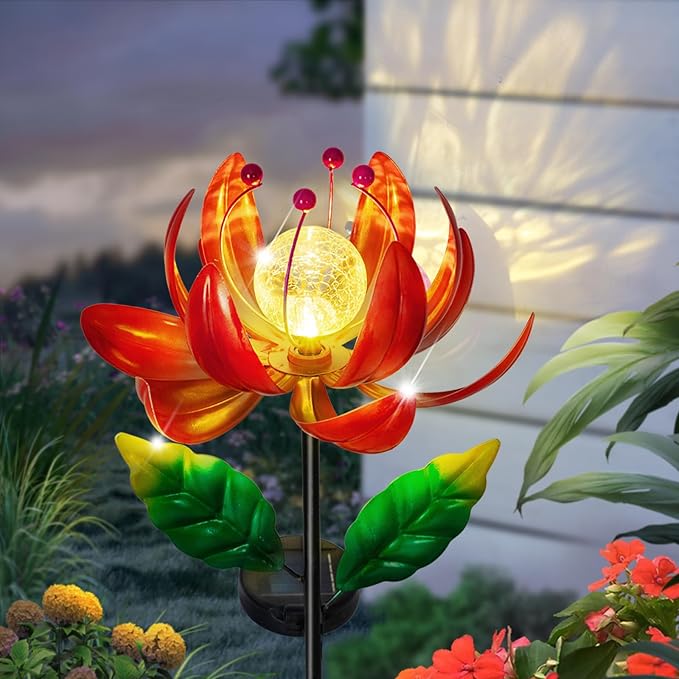 Solar Lights Outdoor Wind Spinners, Metal Lotus Flower Garden Decor with Waterproof LED Crackle Glass Globe for Patio Lawn Yard Outdoor Decor