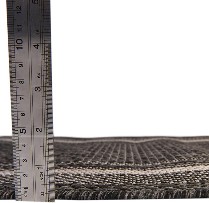 Unique Loom Outdoor Border Collection Area Rug - Soft Border (4' 1" Round, Black/ Ivory)