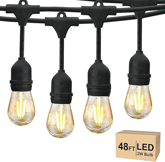 Svater 48 FT Outdoor String Lights 2W, Commercial Grade Patio Light with 15 pc Edison Shatterproof Bulbs, IP65 Waterproof LED Hanging Lighting for Bistro Cafe Market Outside Backyard, Warm White 2700K
