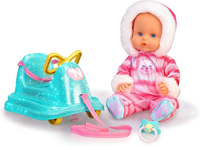 Nenuco 14" Baby Doll in Ski Suit and Sleigh Accesssory On Wheels with Color Chaning Nose, for Ages 2+