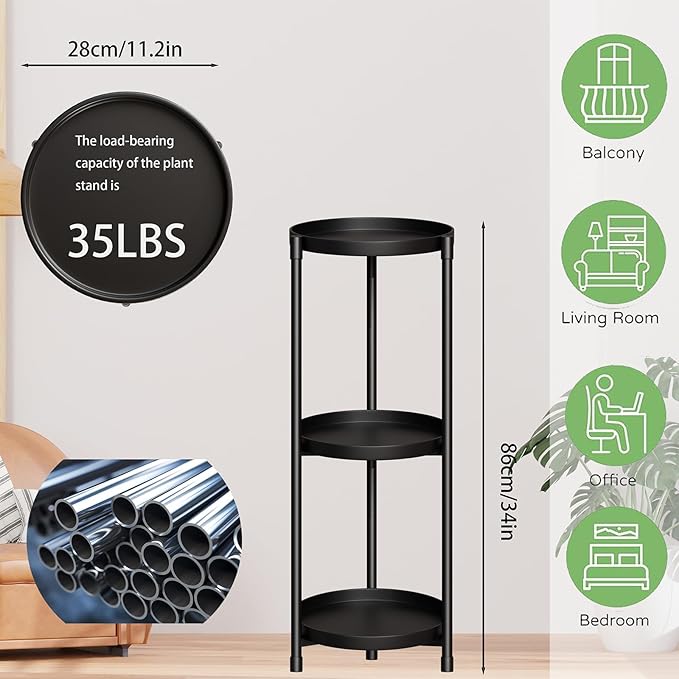 3 Tier Plant Stand Indoor Outdoor - 34'' Extra-Tall Metal Plant Stands for Potted Plants Multiple Tiered Plant Shelf Vertical Black Iron Planter Rack Large Flower Pot Holder Table for Patio Corner