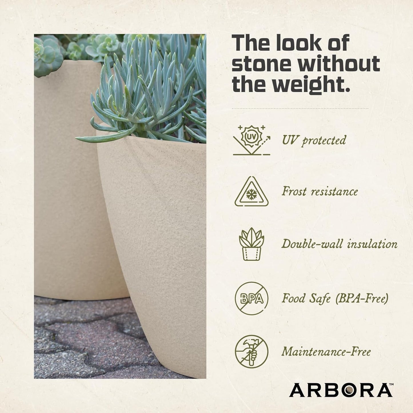 ARBORA 20" Mykonos Square Polyresin Indoor and Outdoor Planter with Classic Cream Finish - Durable, Weatherproof, Lightweight, Large Plant Pot for Patio, Garden, Deck, Entryway