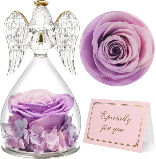 Yamonic for Mom, Moms Birthday Gifts for Women Grandma, Angel Figurines with Preserved Real Flowers Rose for Mothers Day, Wife Anniversary, Valentine's Day Gifts for Her(Pink+Purple)