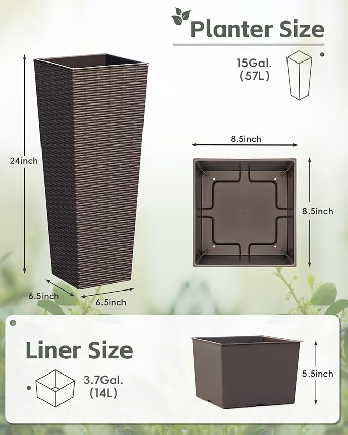 Greesum 24 Inch Tall Plastic Planters with Rattan Texture – Set of 2, Detachable Inner Pot & Drainage Holes, Indoor/Outdoor Decorative Flower Pots for Large Plants, Trees, Patio, and Garden, Brown