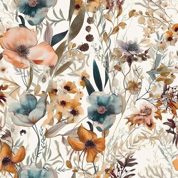 Boho Light Brown Flowers Teal Blue Floral Leaf Plants Vintage Watercolor Peel and Stick Wallpaper Self Adhesive Removable Easy Peel Off Stick on Wall Paper for Bedroom Cabinet Renter