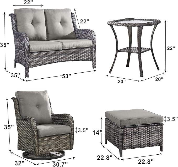 Outdoor Wicker Patio Furniture Set - 6 Piece Rattan Patio Conversation Set with 2 Rocking Swivel Chairs,2 Ottomans,1 Loveseat and 1 Side Table for Porch Deck Backyard Garden(Mixed Grey/Grey)